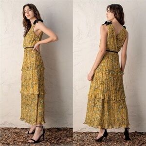 Lulus Such Sophistication Yellow Black Floral Tiered V Neck Maxi Gown Size XS